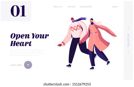 Wintertime Holidays Entertainment Website Landing Page. Happy Loving Couple in Warm Dress Holding Hands Skating Outdoors on Frozen Pond in Winter Park Web Page Banner. Cartoon Flat Vector Illustration