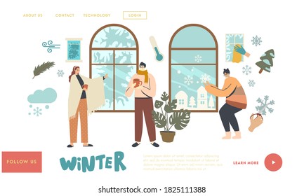 Wintertime Holidays SpareTime Landing Page Template. Young Characters Enjoying Winter Window View and Frost Ornament on Glass, Woman Set Up Snowflakes Decoration. Linear People Vector Illustration