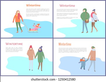 Wintertime mother with kid sitting on sledges vector. Family spending time together, mom and child, couple man and woman in winter season outdoors