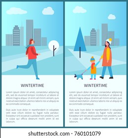 Wintertime outdoor activities posters with jogging man and woman with child walking dog. Vector illustration with happy people in snowy city park