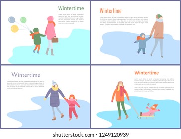 Wintertime pastime people having fun outdoors vector. Family mother and kid walking on ice, skating on rink, child sitting on sleds, winter holidays
