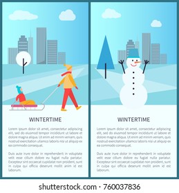 Wintertime placards set with text and headlines, images of mother with kid and snowman, cityscape behind them isolated on vector illustration