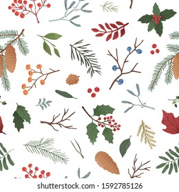 Wintertime plants flat vector seamless pattern. Hand drawn mistletoe twigs, ashberries and pine cones illustrations. Traditional Christmas wallpaper design. Elegant wintertime botanical textile print.