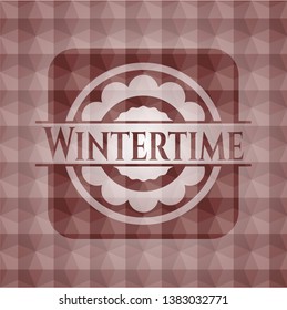 Wintertime red seamless emblem or badge with geometric pattern background.
