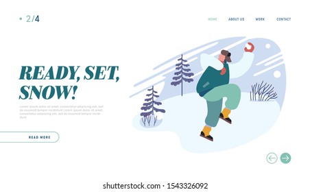 Página De Aterrizaje Del Sitio Web De Tiempo De Repuesto Activo Relajante En Tiempo De Invierno. Feliz Hombre Alegre Jugando Bolas De Nieve. Temporada de invierno Ocio al aire libre Juegos activos en el banner de la página web de la calle. Ilustración de vectores planos de dibujos animados