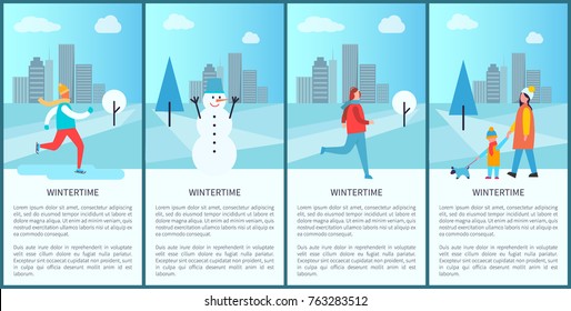 Wintertime set of posters representing skiing man, happy snowman, family walking with dog together, text and titles, cityscape vector illustration