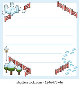 Wintertime setting with snow castle; fence, lantern and trees covered with snow and footprints (template, framed and lined for your own text)
