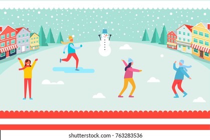 Wintertime and skiing people, snowman and trees, buildings and snowflakes, boys and girls having fun, poster and frame on vector illustration