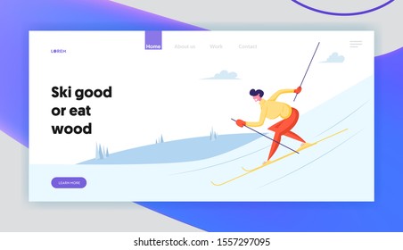 Wintertime Skiing Sport Activity Website Landing Page. Man Going Downhills by Skis on Nature Mountains Background Winter Outdoors Sports Leisure Relax Web Page Banner. Cartoon Flat Vector Illustration