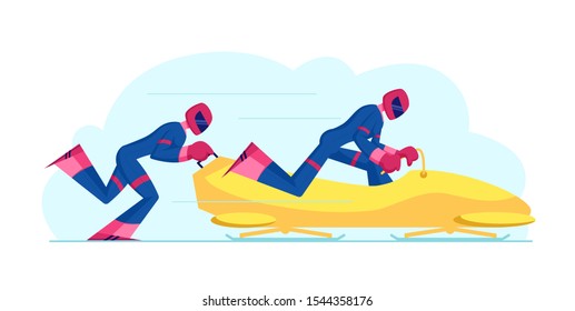 Wintertime Sledding Sport. Men Bobsleigh Team Pushing Bob and Sliding Downhills during Winter Olympics Games Competition. World Cup Race International Championship Cartoon Flat Vector Illustration