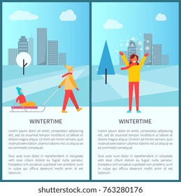 Wintertime snowy town park posters with people sledding and having fun on snow. Vector illustration with happy warm dressed people on urban background