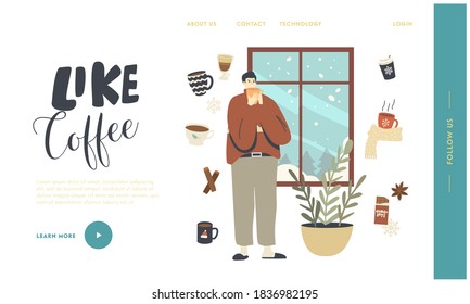 Wintertime Spare Time, Christmas Holidays Landing Page Template. Male Character in Warm Clothes and Slippers Enjoying Winter Window View and Hot Drink at Cozy Home Interior. Linear Vector Illustration