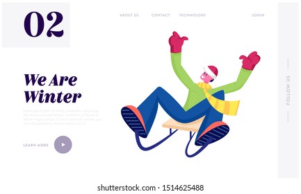 Wintertime Vacation Leisure and Recreation Website Landing Page. Cheerful Man in Warm Clothes Riding Sled Downhill. Winter Season Holidays Spare Time Web Page Banner. Cartoon Flat Vector Illustration