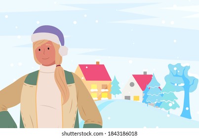 Wintertime vacations in winter city. Woman wearing warm clothes in front of town or village with houses and trees covered with snow. Smiling lady spending time outdoors, cheerful personage vector