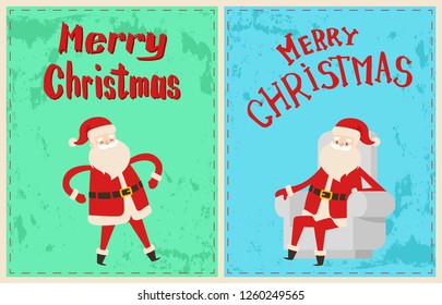 Wintertime vector greeting cards with Father Frost, cartoon character stickers on grunge backdrop. Merry Christmas Santa Claus sitting in armchair and dancing