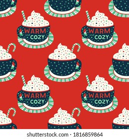 Wintertime warm cozy cocoa cup seamless vector pattern. Winter hot drink sweet chocolate cartoon background. old season print web banner design element. Hand drawn retro color vintage illustration