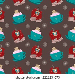 Wintertime warm cozy cocoa cup seamless vector pattern. Winter kawai hot drink sweet chocolate cartoon background. Repeat print for wrapping paper, wallpaper, textile, fabric