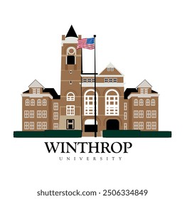 Winthrop university building charleston city, editable format eps, building banner icon and graphic illustration, frame image clipart, cityscape, brown building concept of american architecture