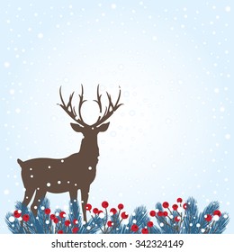 Wintry Background with Fir Twigs and Deer