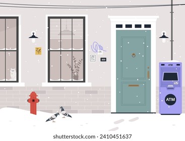 In a wintry cityscape, a deserted street witnesses snowflakes gently descending, adjacent to a house with a rustic brick facade stands an ATM machine, quietly tucked by the entrance