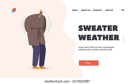 Wintry Freeze Landing Page Template. Freezing Male Character Wear Warm Winter Clothes Breathe with Steam Suffering of Low Minus Degree Temperature, Cold Season Weather. Cartoon Vector Illustration