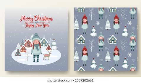 Wintry scenes. Merry christmas card and seamless pattern with cute girl, snowy trees, houses and lettering. Christmas template. 