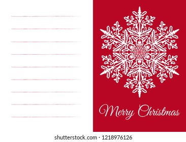 Wintry White and Red Vector Christmas Card with Free Text Space for own Wishes. Template with Beautiful Abstract Snowflake Ornament and XMAS Greetings. Lettering in a Curved Font: Merry Christmas!