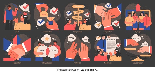 Win-win dark or night mode set. Professionals, employees navigate challenges, finding mutual success. Compromise, synergy and collaboration in negotiation process. Flat vector illustration.