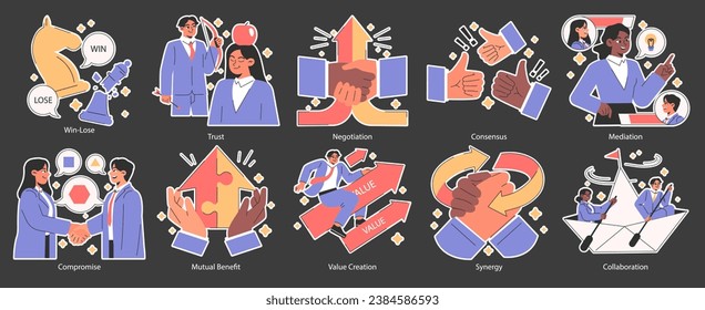 Win-win dark or night mode set. Professionals, employees navigate challenges, finding mutual success. Compromise, synergy and collaboration in negotiation process. Flat vector illustration.