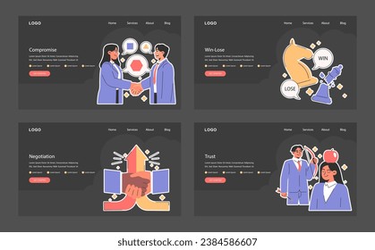 Red o juego de aterrizaje en modo oscuro o nocturno. Los empleados afrontan los desafíos y encuentran éxito mutuo. Compromiso, sinergia y colaboración en el proceso de negociación. Ilustración vectorial plana.