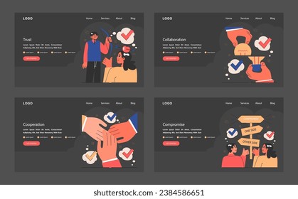 Red o juego de aterrizaje en modo oscuro o nocturno. Los empleados afrontan los desafíos y encuentran éxito mutuo. Compromiso, sinergia y colaboración en el proceso de negociación. Ilustración vectorial plana.