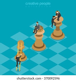 Win-win game strategy king rook pawn flat 3d isometry isometric business planning benefits concept web vector illustration. Businessmen climbing top chess figures. Creative people collection.