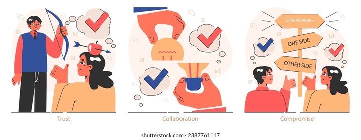 Win-win set. Professionals, employees navigate challenges, finding mutual success. Compromise, synergy and collaboration in negotiation process. Flat vector illustration.