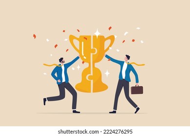 Win-win situation, agreement or solution to win together, solution for best result, teamwork to help success and achieve goal together concept, businessman connect trophy jigsaw piece to win together.