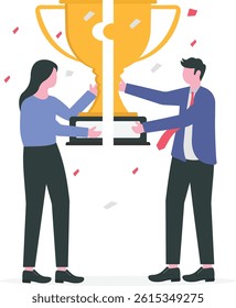 Win-win situation, agreement or solution to win together, solution for best result, teamwork to help success and achieve goal together concept, businessman connect trophy jigsaw piece to win together.