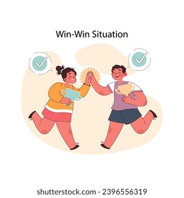 Win-Win Situation concept. Joyful children sharing success with a high-five. Mutual happiness and collaborative victory in a kid's challenge. Flat vector illustration