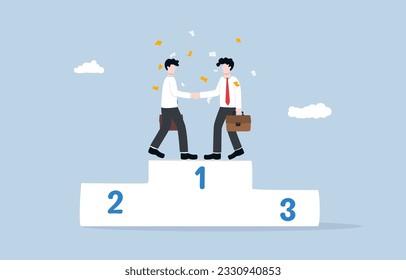 Win-win strategy, business mutual gain, negotiation to result positive outcome for all partners concept, Businessmen handshaking on first place podium.