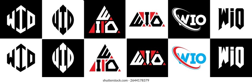 WIO letter logo design in six style. WIO polygon, circle, triangle, hexagon, flat and simple style with black and white color variation letter logo set in one artboard. WIO minimalist and classic logo