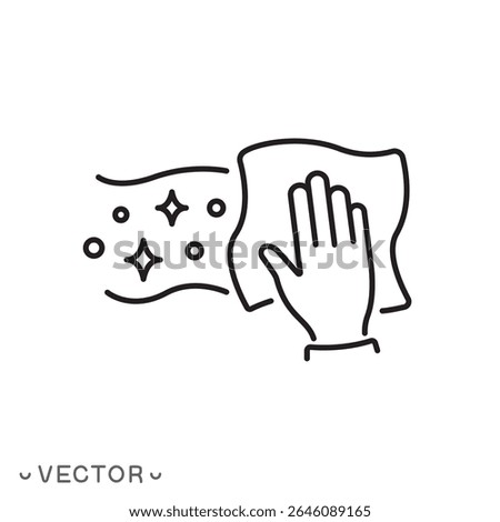 wipe by hand icon, clean floor, wet wipe and shiny surface, wet cleaning, thin symbol isolated on white background, editable stroke eps 10 vector illustration