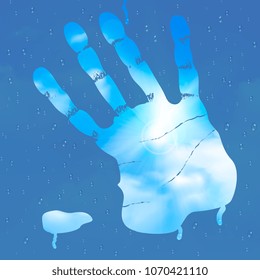 Wipe glass cleaning concept composition of realistic wind screen and human hand stain with clear sky background vector illustration