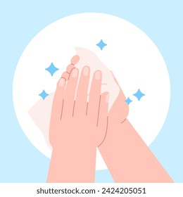 Wipe hands wet tissue. Self hygiene, disinfection antibacterial process and care. Person cleaning hand, human cleansing body racy vector concept