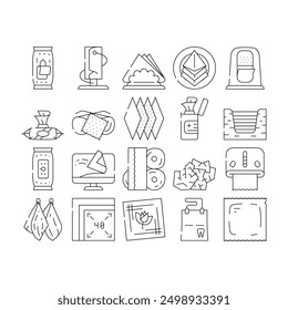 Limpie los iconos de la Colección del accesorio de la higiene fijados Vector. Toallita Húmeda Y En Paquete De Vacío, Servilleta En Rollo Y En Placa, Para Limpiar Vasos Y Ilustraciones Dentales De Contorno Negro