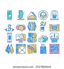 wipe hygiene accessory doodle icons set vector. sketch line art wet wipe and in vacuum package, napkin in roll and on plate, for cleaning glasses and dental color illustrations