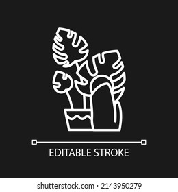 Wipe leaves surface white linear icon for dark theme. Houseplant care. Indoor gardening hobby. Thin line illustration. Isolated symbol for night mode. Editable stroke. Arial font used