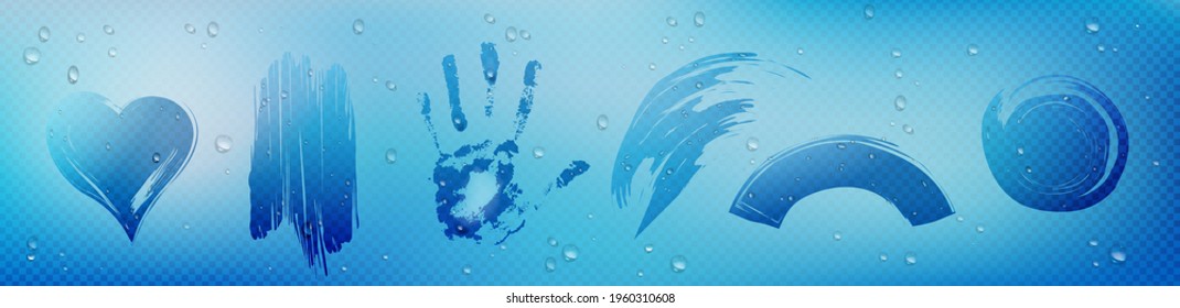 Wipe stains on glass with condensation water drops, palm, heart and abstract imprints on window. Windscreen with rain droplets, sponge wash wet texture with aqua blobs Realistic 3d vector illustration