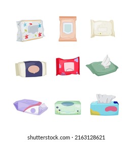 wipe wet, tissue package, hand pack, baby towel, pouch napkin cartoon icons set vector illustrations