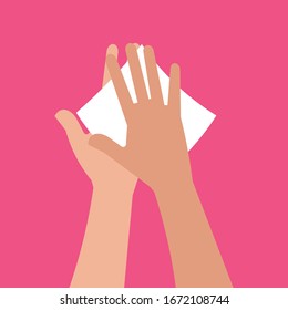 Wipe Your Hand With Damp Cloth. Wipe Skin Paper Tissue. Disease Prevention. Wash Hand. Personal Hygiene. White Napkin.  Vector Illustration. 