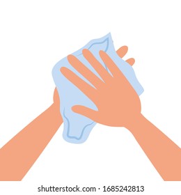 Wipe your hand with damp cloth. Wipe skin paper tissue. Wash hand. Personal hygiene. White napkin. Vector illustration flat design isolated on background. Disinfection skin care.