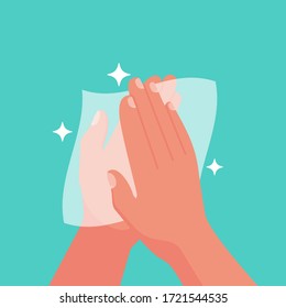 Wipe your hand with damp cloth flat icon. Wipe skin paper tissue. Wash hand. Personal hygiene. White napkin. Vector illustration cartoon design isolated on background. Disinfection skin care. 