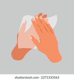 Limpie su mano con un icono plano de tela húmeda. Limpie el tejido de papel de la piel. Lávese la mano. Higiene personal. servilleta blanca. Diseño de caricaturas ilustrativas aisladas en el fondo. Desinfección del cuidado de la piel.